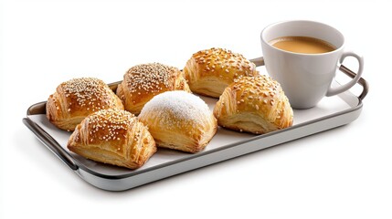 Assorted fresh warm pastries including croissants and danishes topped with sugar served on a tray with a cup of coffee or tea isolated on white background