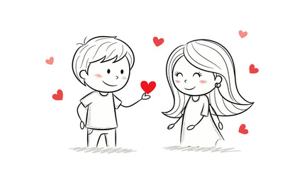 A cute hand-drawn illustration of a boy giving a red heart to a smiling girl, surrounded by small hearts, symbolizing love and affection.