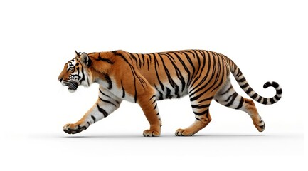 Naklejka premium photo of a tiger in motion on a white background, clear stripes and details of the coat. The concept of wildlife, predators and endangered species.