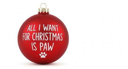 Red Christmas tree ornament featuring white text with humorous phrase “All I want for Christmas is paw” and paw icon, isolated on white background, holiday pet gift theme