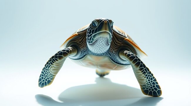 A sea turtle with a shell and patterned fins. For content about nature, the ocean, and the protection of rare species.