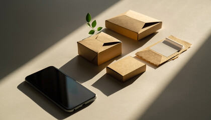 Minimal e-commerce still life with smartphone and packaging in Japan