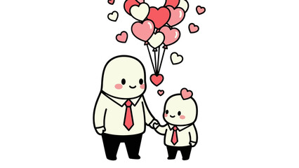 A father and child holding hands with a bunch of heart-shaped balloons floating above them.