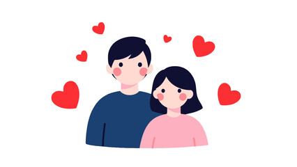 A loving couple is depicted with red hearts floating around them, symbolizing affection and romance.