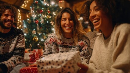 Joyful Diverse Friends Celebrating Christmas Eve, Laughing and Exchanging Gifts in Cozy Sweaters by a Warmly Lit Tree. Authentic Holiday Spirit and Friendship.