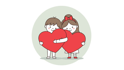 Cute cartoon boy and girl holding big red hearts, symbolizing love and affection, on a light green circular background.