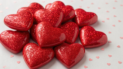 Valentine pastel love visual. Glossy red hearts with glitter details create romantic and festive atmosphere