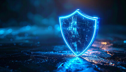 Cyber Shield Sentinel: A glowing shield, illuminated with a futuristic blue light, stands as a vigilant guardian amidst a sea of digital darkness. The beacon symbolizes protection, security.