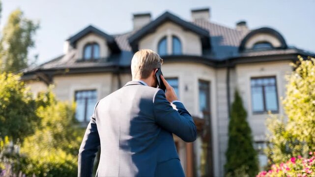 Businessman in tailored suit converses on smartphone while standing in garden, camera pans to reveal his back and the elegant house behind him, showcasing a professional moment