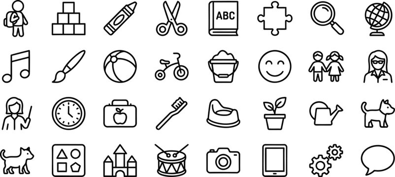 Preschool Learning Line Icons Vector Set &ndash; Child  Education Development Toy Alphabet Book Crayon Play  ABC Number Reading Writing Outline Icon Pack UI Web App