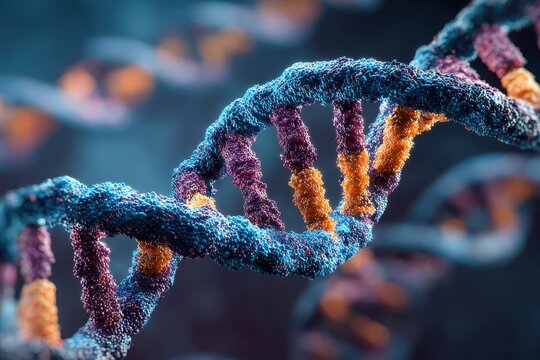 Detailed 3D rendering of a DNA strand, blue, purple, and orange. Illustrates genetics, biotech, or medical research well.