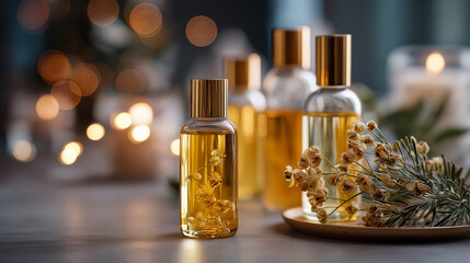 Natural organic oil bottles display herbal cosmetics arrangement home spa beauty rituals wellness product collection luxury self care items defocused surface background with