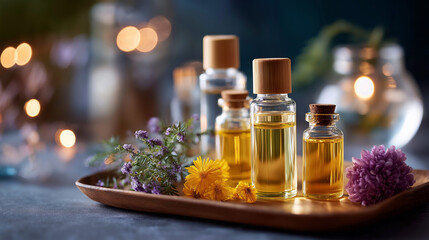 Natural organic oil bottles display herbal cosmetics arrangement home spa beauty rituals wellness product collection luxury self care items defocused surface background with