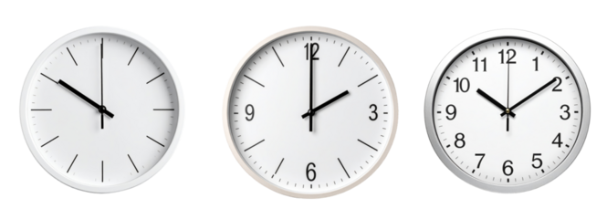 Three white wall clock isolated on transparent background. 