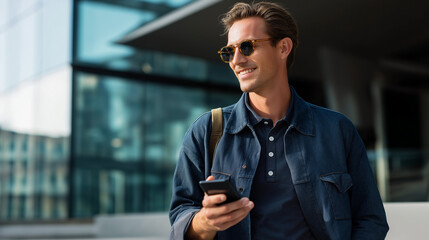 Faceless modern person with sunglasses and mobile phone glass building background urban professional lifestyle contemporary city moment stylish outdoor presence defocused arch
