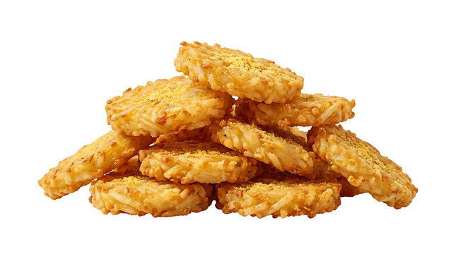 Isolated stacked crispy hash browns without plate, layered naturally, pure white background, golden shredded potato texture, light cheese powder seasoning on surface.