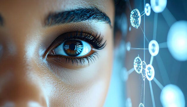 Vision of future: Close-up of a discerning eye, augmented by a network of interconnected digital nodes. This visual symbolizes the convergence of human and artificial intelligence.