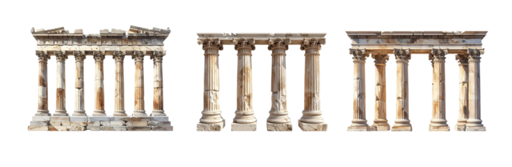 Three antique columns isolated on transparent background. 