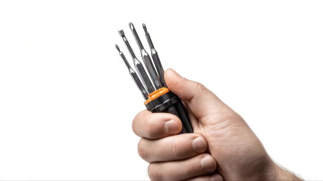 Hand holding a set of precision screwdrivers, showcasing the tools in a firm grip, emphasizing craftsmanship and readiness for intricate tasks, camera zooms in