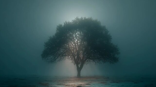 A solitary tree stands in a foggy landscape, illuminated by a soft light. The mist creates a serene atmosphere, evoking a sense of tranquility and mystery.