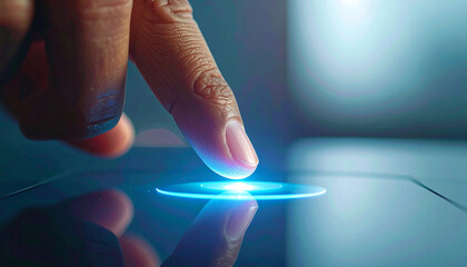 Digital Identity: A close-up view shows a finger touching a screen, creating a bright beam of light, symbolizing digital identity.