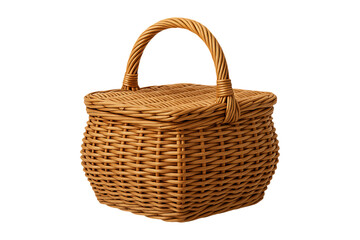Classic Wicker Picnic Basket with Lid and Handle Isolated on a Transparent Background