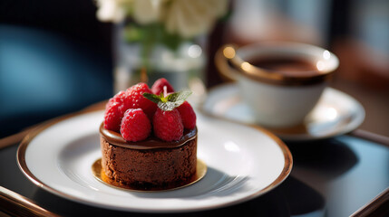 Chocolate cake with raspberries plate coffee cup background display food photography styling dessert presentation arrangement culinary luxury visualization defocused table sur