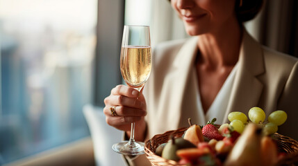 Faceless woman in luxury hotel room enjoying city view champagne fruit basket relaxation luxury lifestyle showcasing accommodation experience moment defocused urban background
