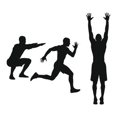 Silhouette of three men in various running and celebratory poses