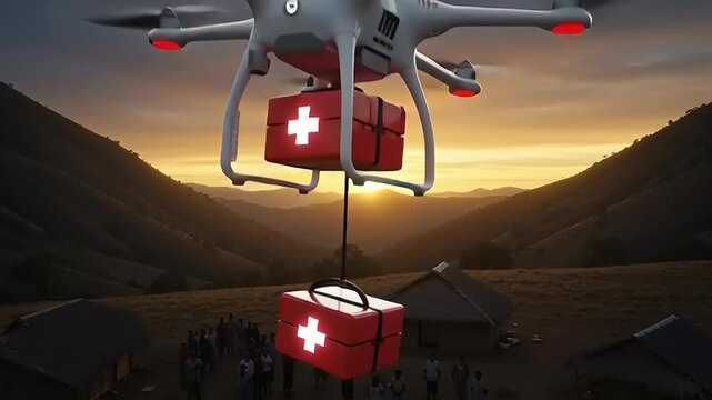 Drone delivering medical supplies over a rural village at sunset, showcasing innovation in healthcare logistics