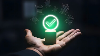 Glowing green checkmark on hand in dark background