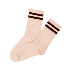 Beige crew socks with brown stripes on black background