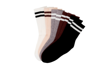 Colorful striped socks collection on white background for fashion and comfort