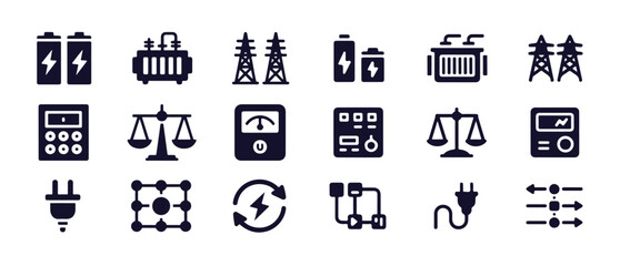Set of electrical and energy icons including battery, transformer, power lines, and calculator