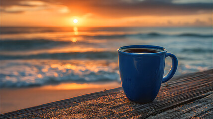 Blue coffee mug on wooden pier at sunset blue mug hot drink