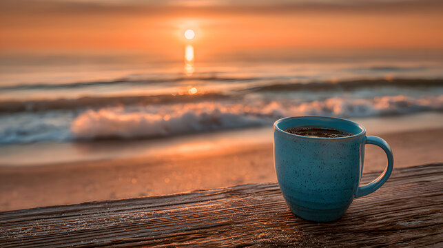 Blue coffee cup on wooden pier at sunrise ocean view - Powered by Adobe