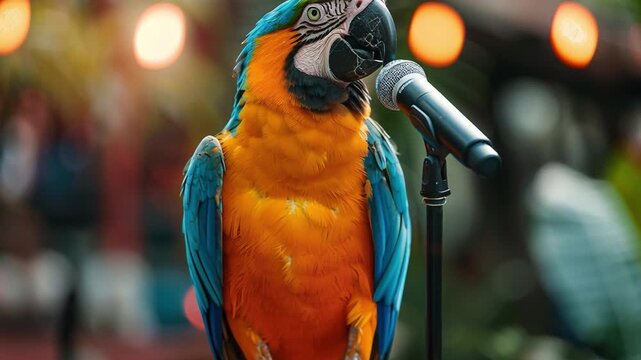 A parrot with blue and orange feathers is next to a microphone at an outdoor event. The crowd enjoys the show while the sun sets in the background, creating a lively atmosphere for the performance