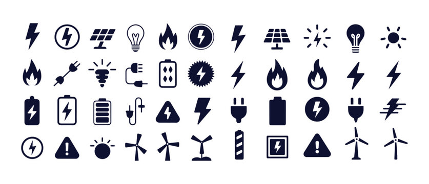 Electricity power and energy icons set. thunderbolt, solar panel, light bulb, fire, battery, wind turbine