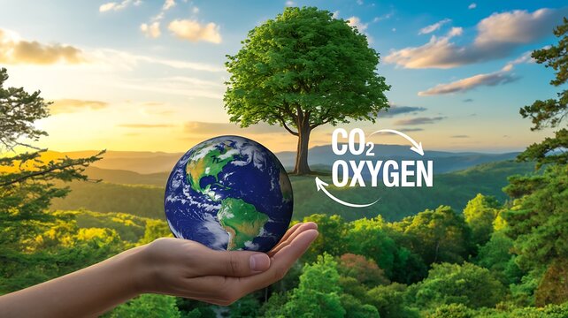 Environmental balance concept showing co2 and oxygen cycle on earth
