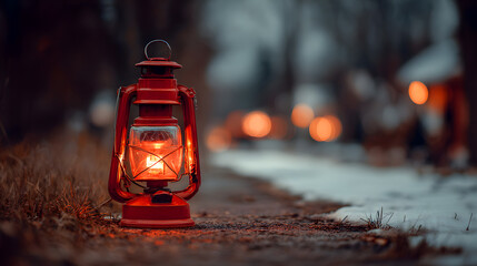 Red kerosene lantern glowing on a path with snow red lantern