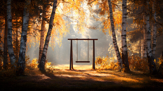 Empty wooden swing set in sunlit autumn forest empty swing - Powered by Adobe