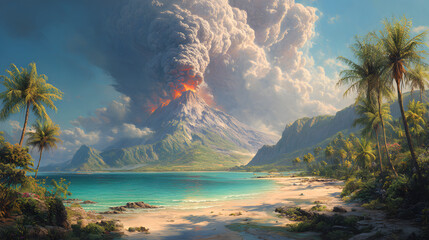Tropical island volcano eruption with turquoise ocean and palm trees