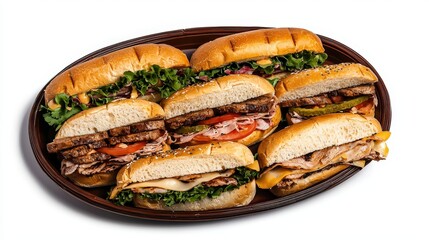 Assorted deli sandwiches with fresh vegetables and sliced meats on various bread rolls arranged on a dark plate isolated on white background
