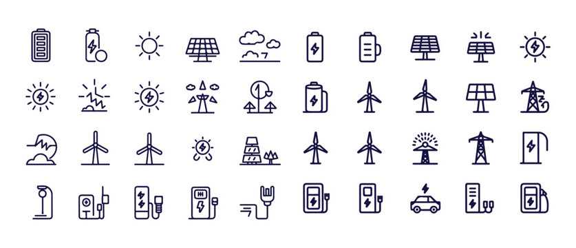 Clean energy and alternative power line icons, renewable resources, ecology and environment symbols
