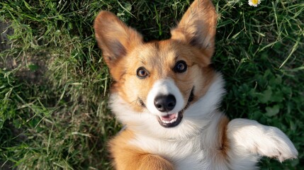 Corgi Lying On Grass With Happy Expression. Joyful Pet Enjoying Outdoor Playtime