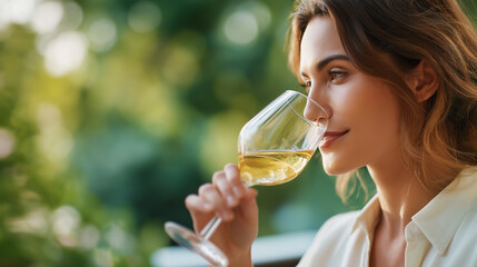 Fototapeta premium Faceless beautiful young woman drinking wine outdoors social moment elegant beverage enjoyment luxury lifestyle experience sophisticated leisure activity defocused natural bac