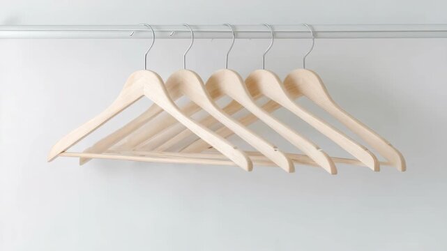 Five natural wood clothes hangers hanging on a silver rod, photographed in a studio setting with a plain light background, concept of organization