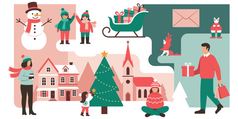 Christmas scene, festive illustration, holiday characters, winter celebration, gift giving, snowman, decorated tree, cozy moment, flat vector illustration