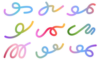 Gradient wavy lines. Abstract rainbow gradient waves, colorful fluid spirals and knots, liquid color twisted geometric shapes. Isolated loops with vivid iridescent vector set