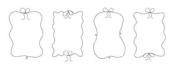Hand-drawn frames doodle set with bows and wavy lines. Vintage whimsical vector borders for wedding invitation, birthday, print, greeting cards